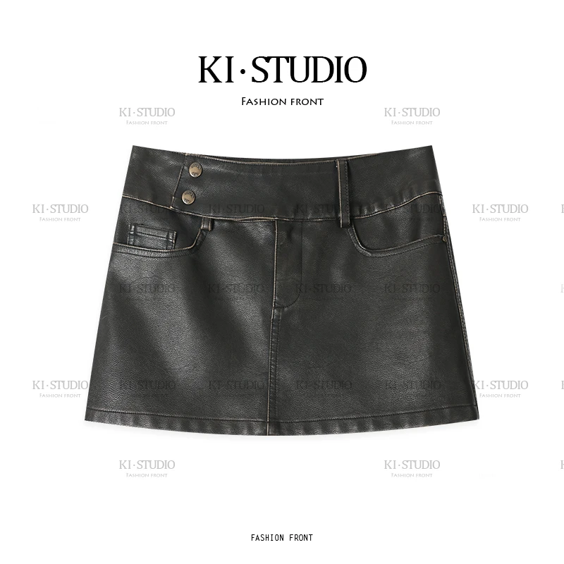 新款时尚复古百搭气质显瘦A字皮裙女防走光半身短裙KI-11T00036