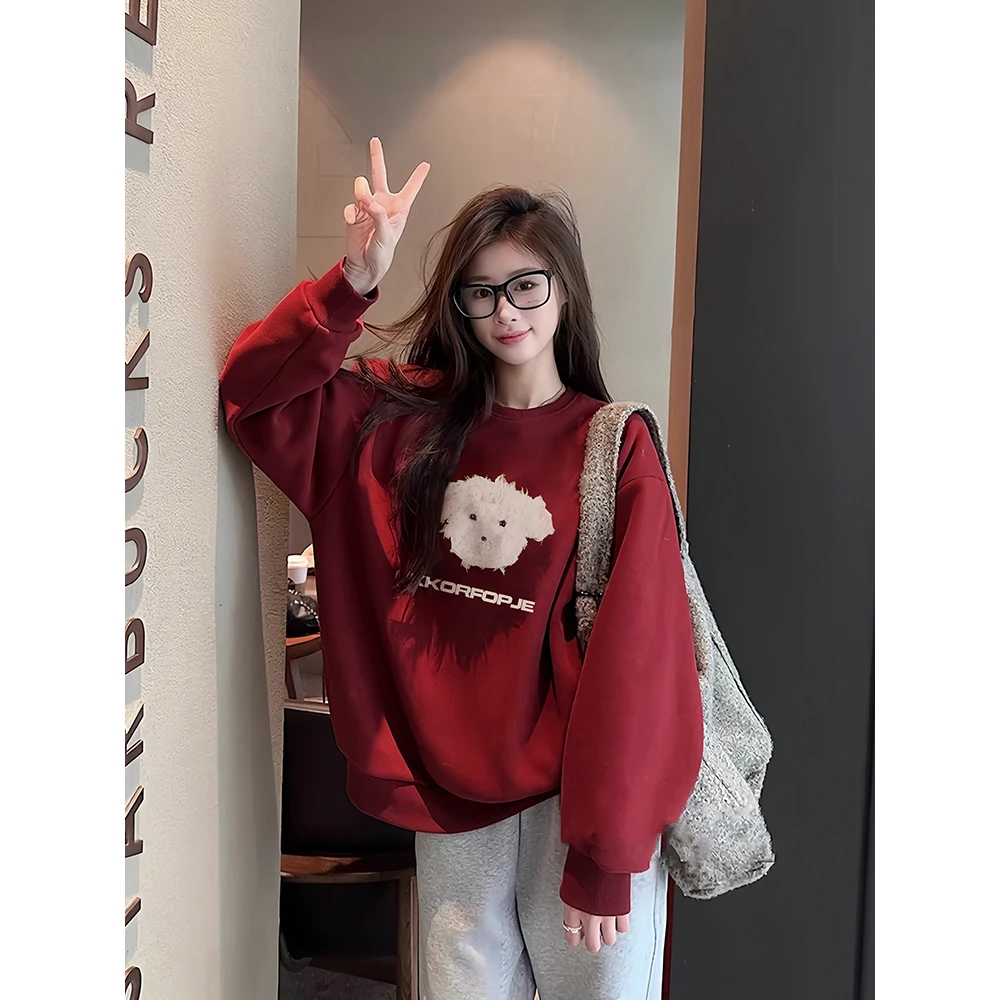 【娃娃专属】春秋新款圆领卫衣女卡通印花小众设计感宽松慵懒风上衣