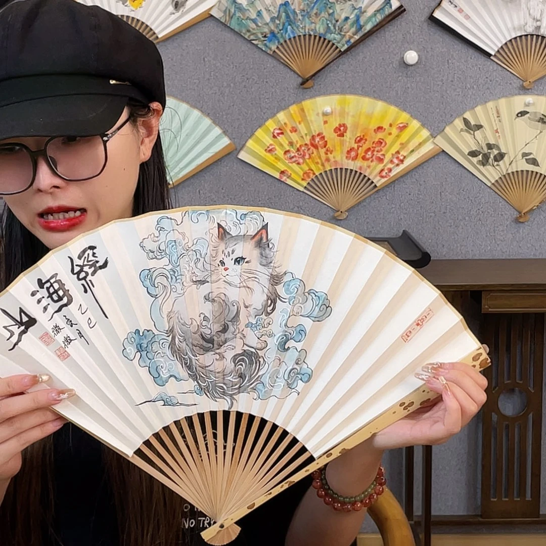 煜***君国画95寸玉竹-纯手绘-文玩扇骨（默认粘好）单扇面