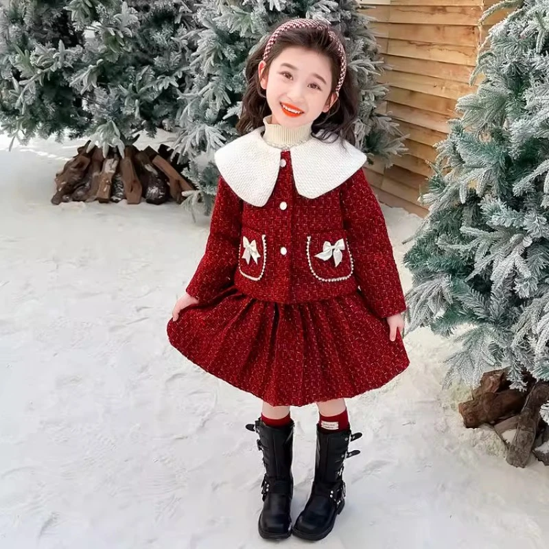 女宝宝蝴蝶结小香风加厚套装裙2025冬装新款洋气小女孩年服两件套