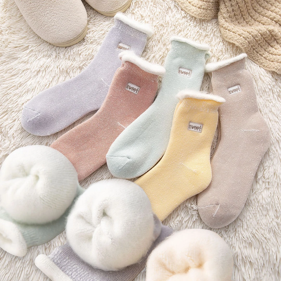 零下东北哈尔滨雪乡加厚加绒防寒保暖袜子女纯色中筒冬季睡眠袜子