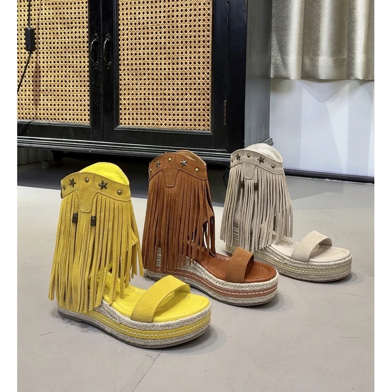 唐乐乐｜25new春夏限定流苏坡跟后拉链罗马凉鞋1014