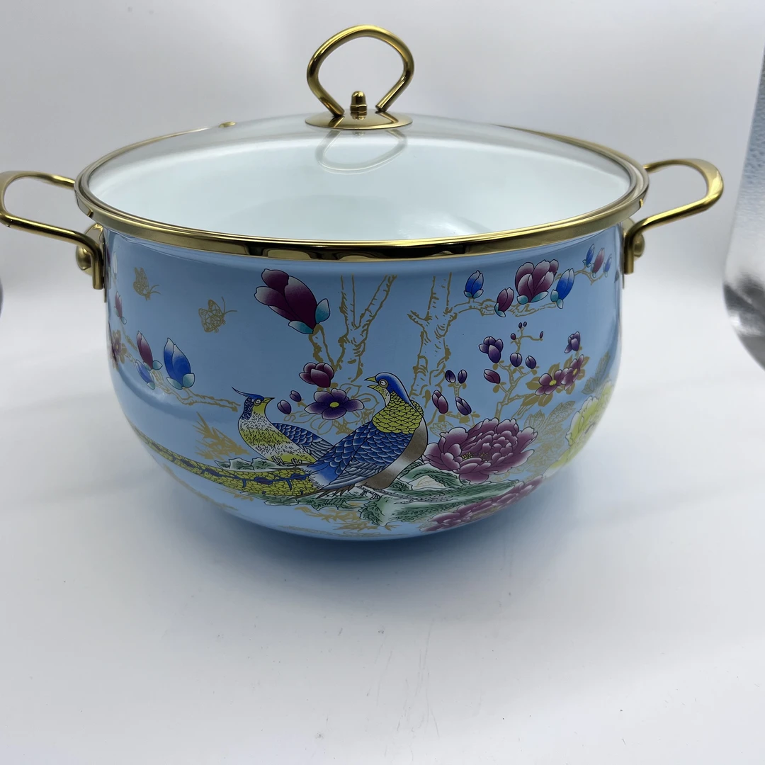 26cm【孔雀花】搪瓷珐琅汤锅金边玻璃盖电磁炉明火通用