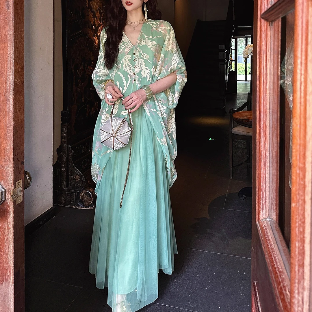 纯欲慵懒风【花未眠】国风练染烧花秋季流行连衣裙子新中式宴会长裙