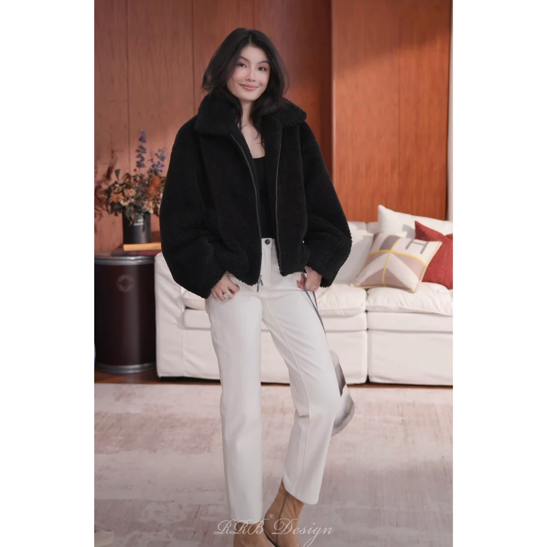 RRB Design 翻领仿羊羔毛廓形防风环保皮草外套