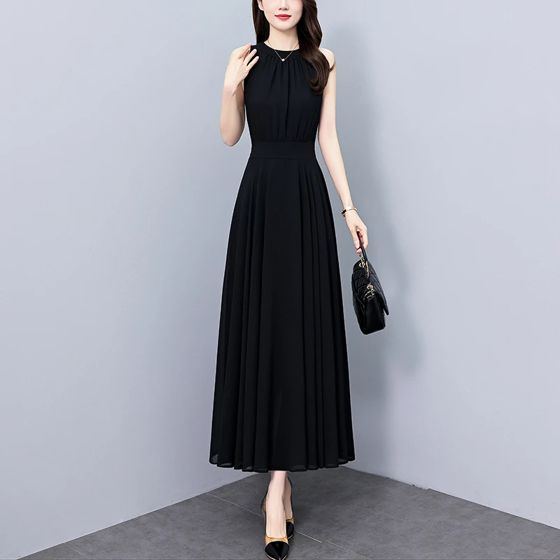 黑色雪纺连衣裙2025夏季新款时尚洋气中年妈妈装收腰显瘦遮肚长裙