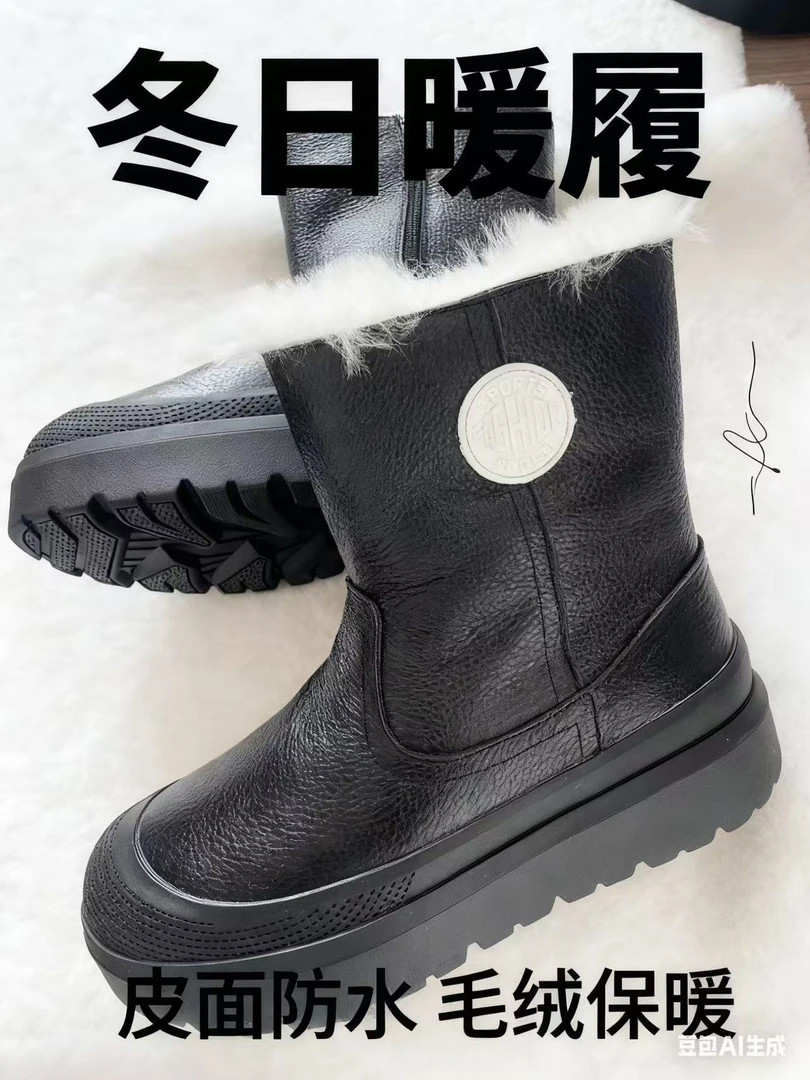拉链压花皮雪地靴橡胶时尚雪地靴加厚保暖棉靴时尚