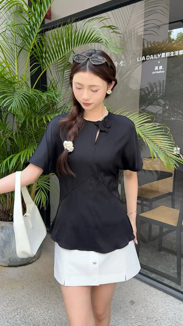 255121 常规款圆领夏季系带简约短袖衬衫女装衬衣显瘦春夏