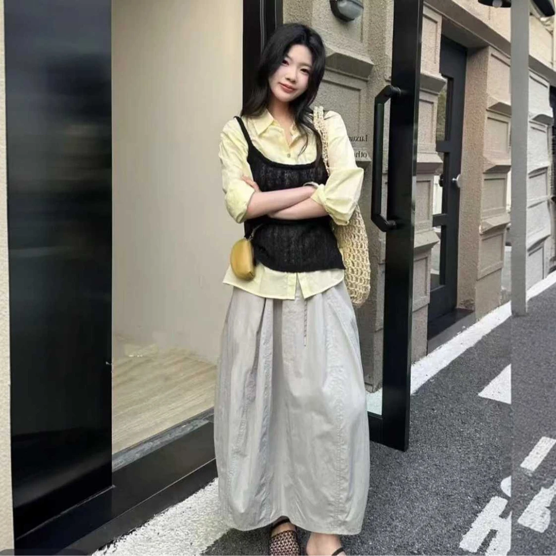 半身裙女拼接裙子简约百搭南瓜裙中长款夏季薄款裙子高腰冰丝裙子