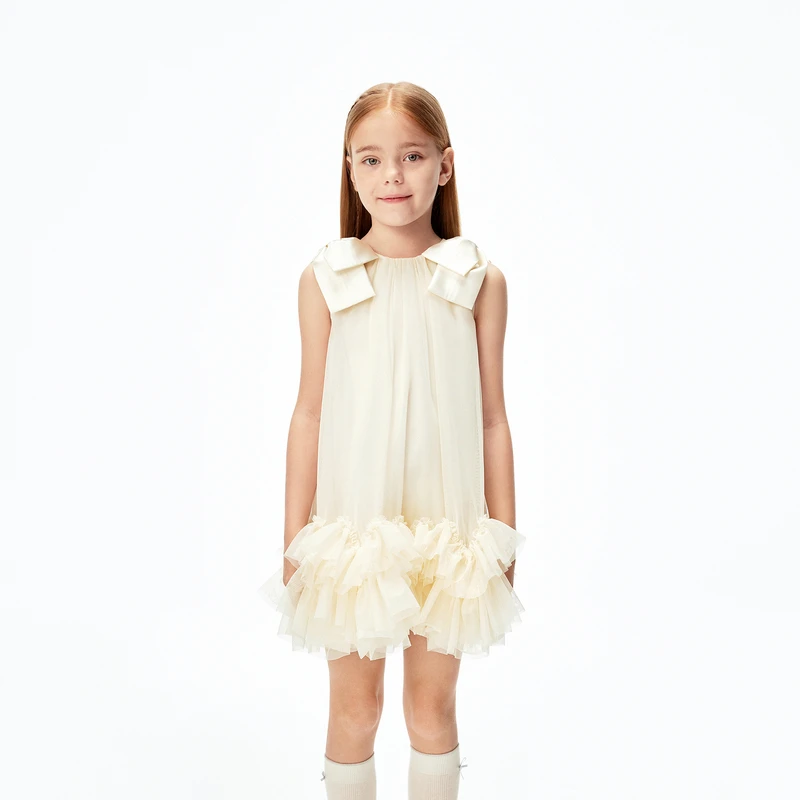 littlemoco童装25秋装新款女童短款连衣裙蓬蓬裙公主裙蝴蝶结