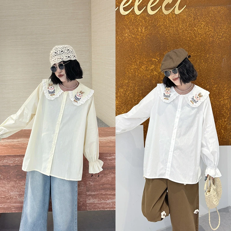 大码女装娃娃领长袖衬衫加宽加大女打底衫上衣胖妹妹显瘦遮肉春秋