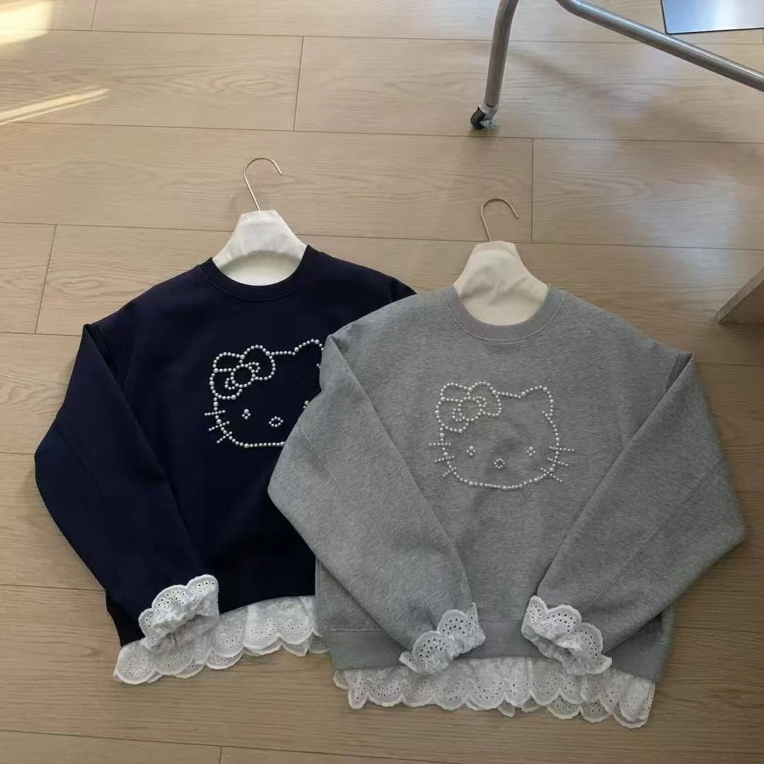 “珍珠kt”韩系法式蕾丝花边圆领套头韩版休闲显瘦卫衣