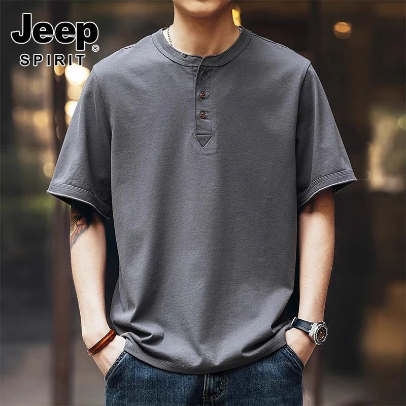 JEEP SPIRIT复古亨利领polo衫男士短袖t恤夏季宽松大码棉灰色体恤