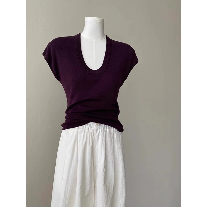 紫色u领小飞袖冰丝修身短袖t恤女夏季短款洋气卡腰小衫针织衫上衣