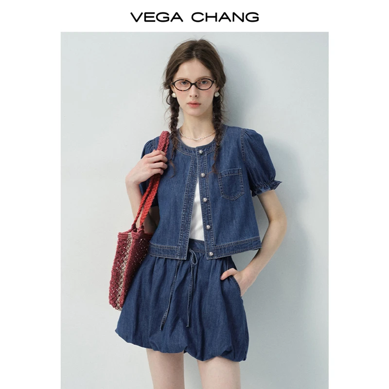 VEGA CHANG牛仔套装女2025新款夏季圆领上衣高腰裙裤两件套0627JJ
