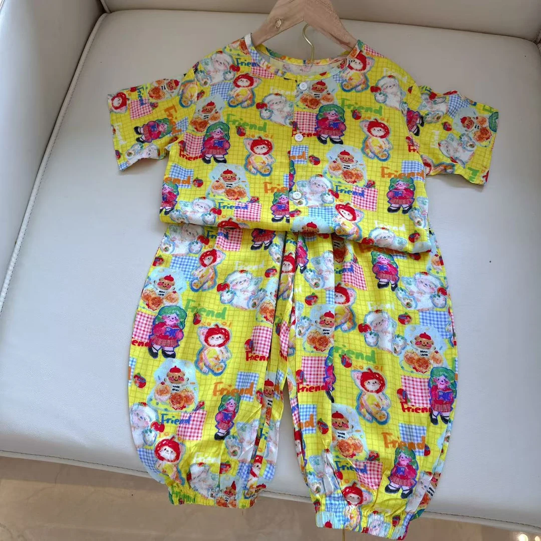 面包男童【现T】棉绸亲子短袖套装可爱短袖长裤套装