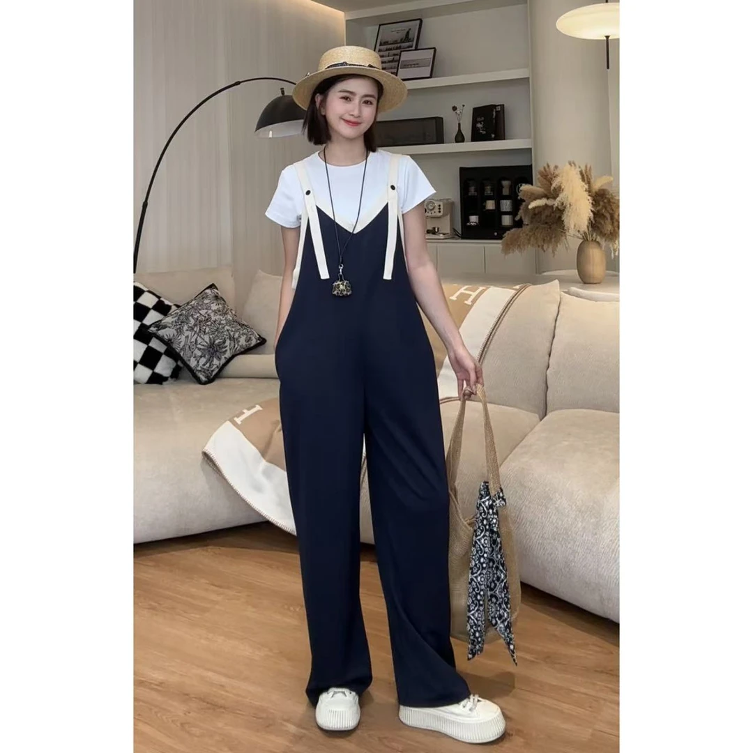 NANAKIKI【夏威夷】气质显瘦时尚拼接直筒背带裤BDK-001