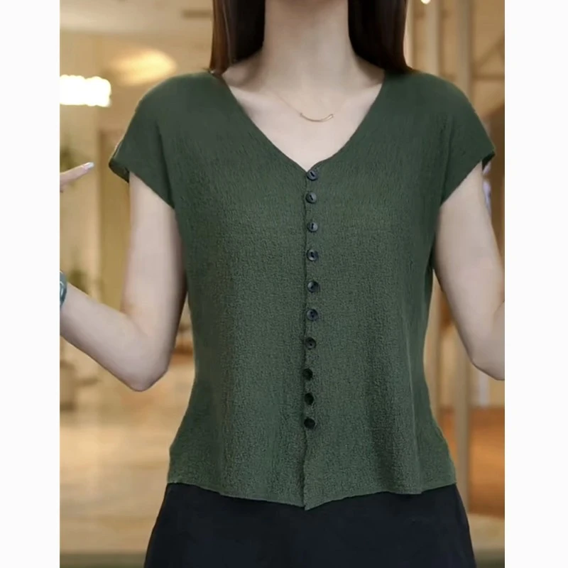 夏季新款薄款冰丝短袖上衣针织衫百搭显瘦简约设计纯色V领T恤