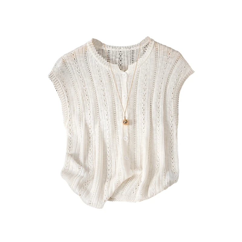 她池2025夏季新款女装无袖短款宽松款轻薄镂空针织衫T52F0050Z