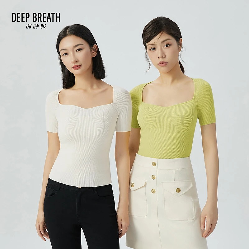 DEEP BREATH深呼吸女装新款鸡心方领针织衫简约纯色上衣A301218