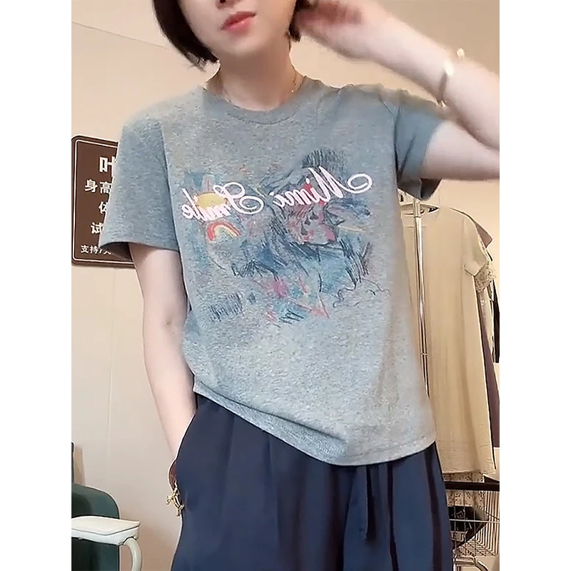 美式休闲灰色短袖T恤女2025夏季新款正肩显瘦字母印花超好看上衣