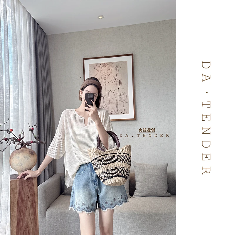 DA·Tender【植物系小U领半袖上衣】夏季薄款老钱风镂空显瘦
