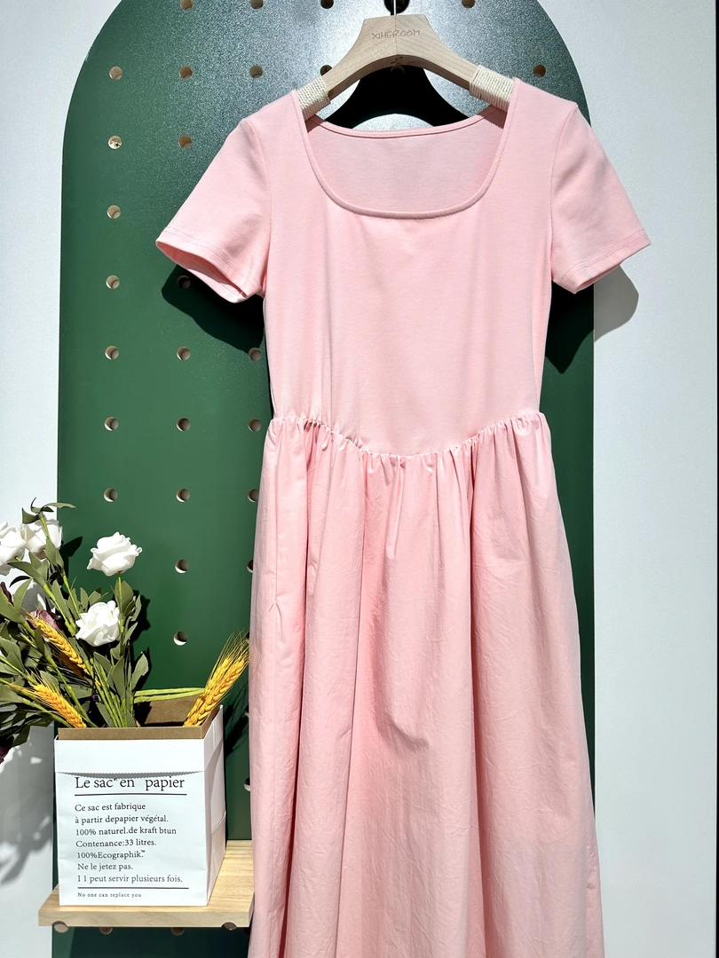 兮禾礼-御姐风鱼尾裙通勤风挂脖式连衣裙夏季显瘦方领短袖长裙