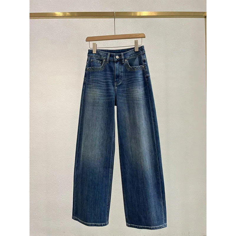 口袋刺绣直筒宽松牛仔长裤1755