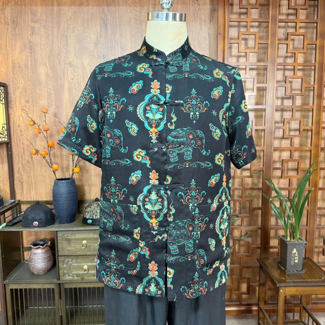 2025款吉象如意香云纱龟缎双面穿唐装 国风立领短袖男装上衣