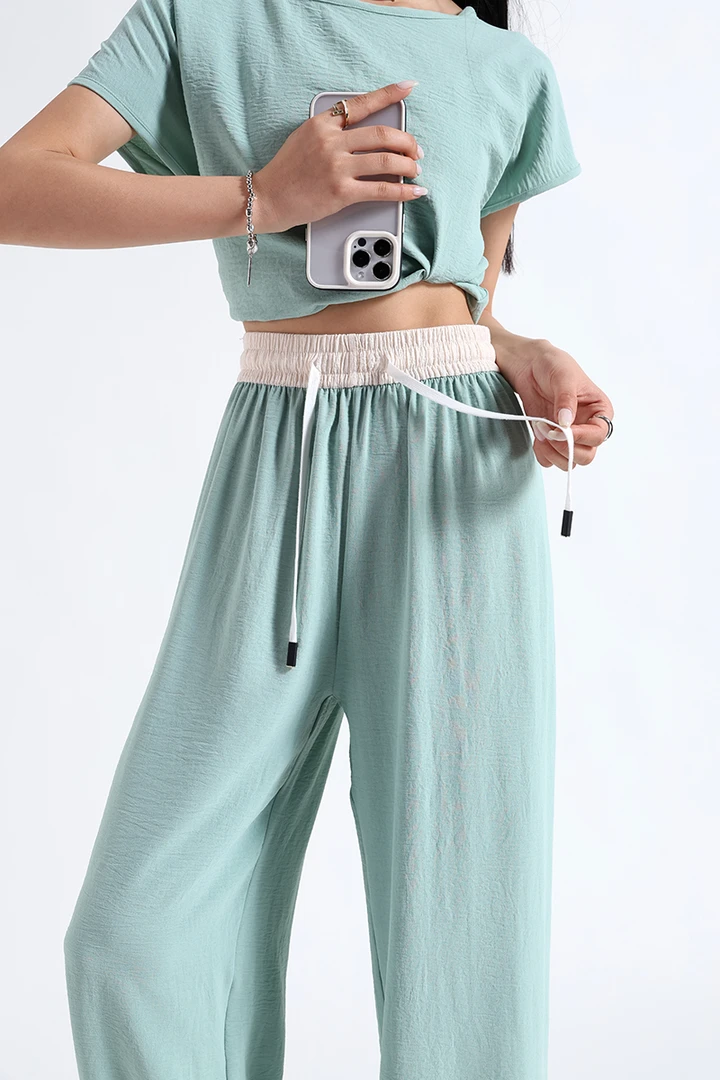 WJ004 春夏慵懒休闲高腰显瘦  外穿夏季直筒拖地 拼色阔腿微风裤