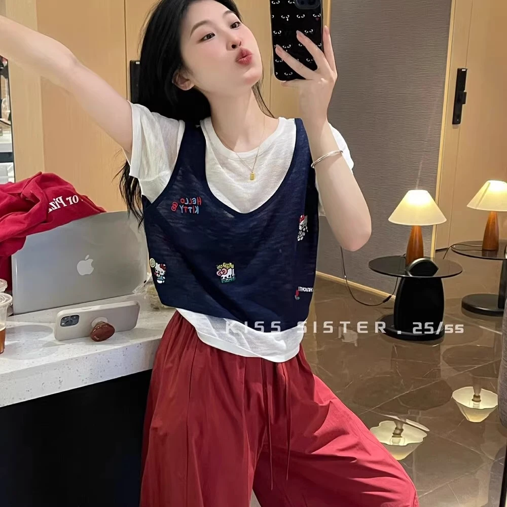 夏季2025年新款洋气服饰女宽松时尚趣味图案撞色假两件短袖T恤女