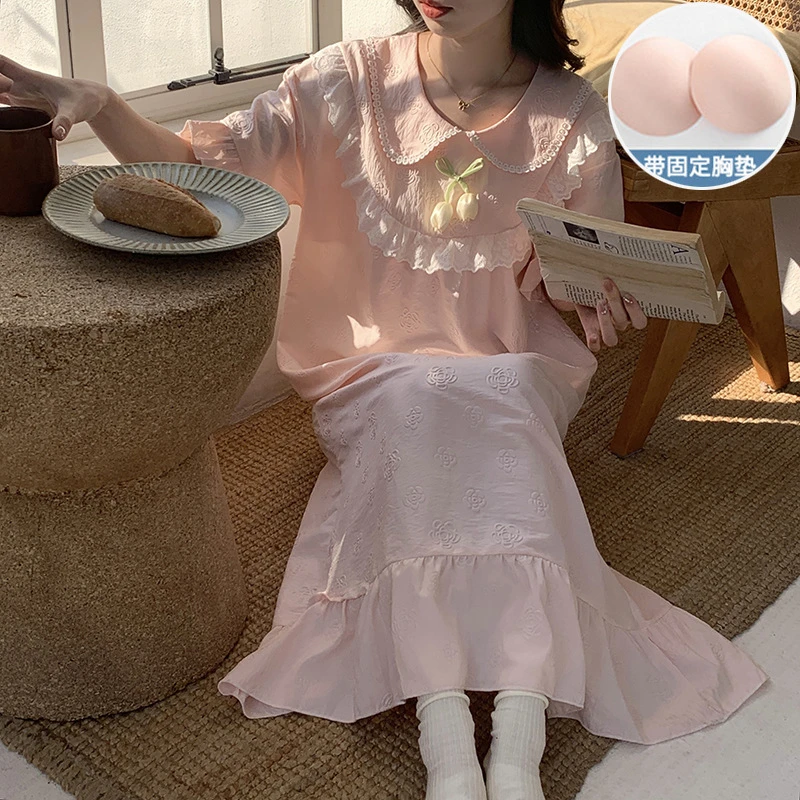 云朵棉睡衣女士夏季薄款带胸垫花边短袖连衣睡裙甜美家居服可外穿