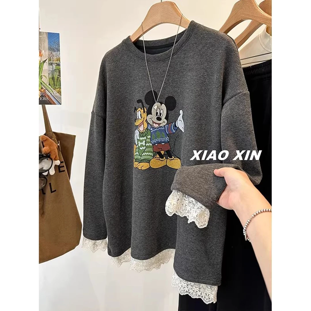 大码300斤趣味卡通米老鼠蕾丝花边保暖加绒卫衣秋冬美式宽松上衣