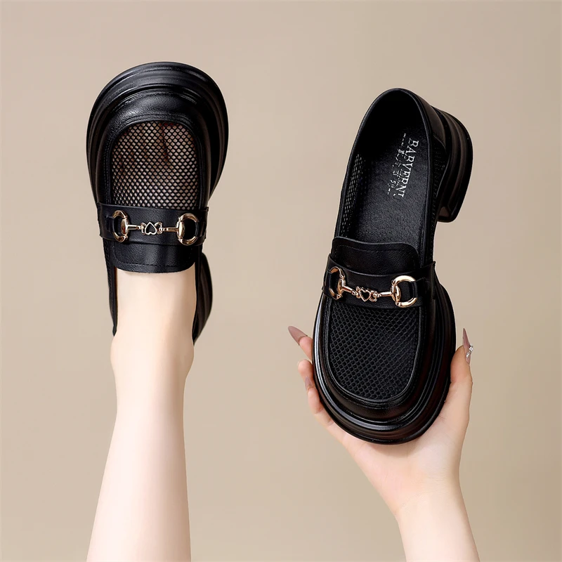 英伦网纱镂空厚底乐福鞋女2025年春夏新款一脚蹬金属扣洋气小皮鞋