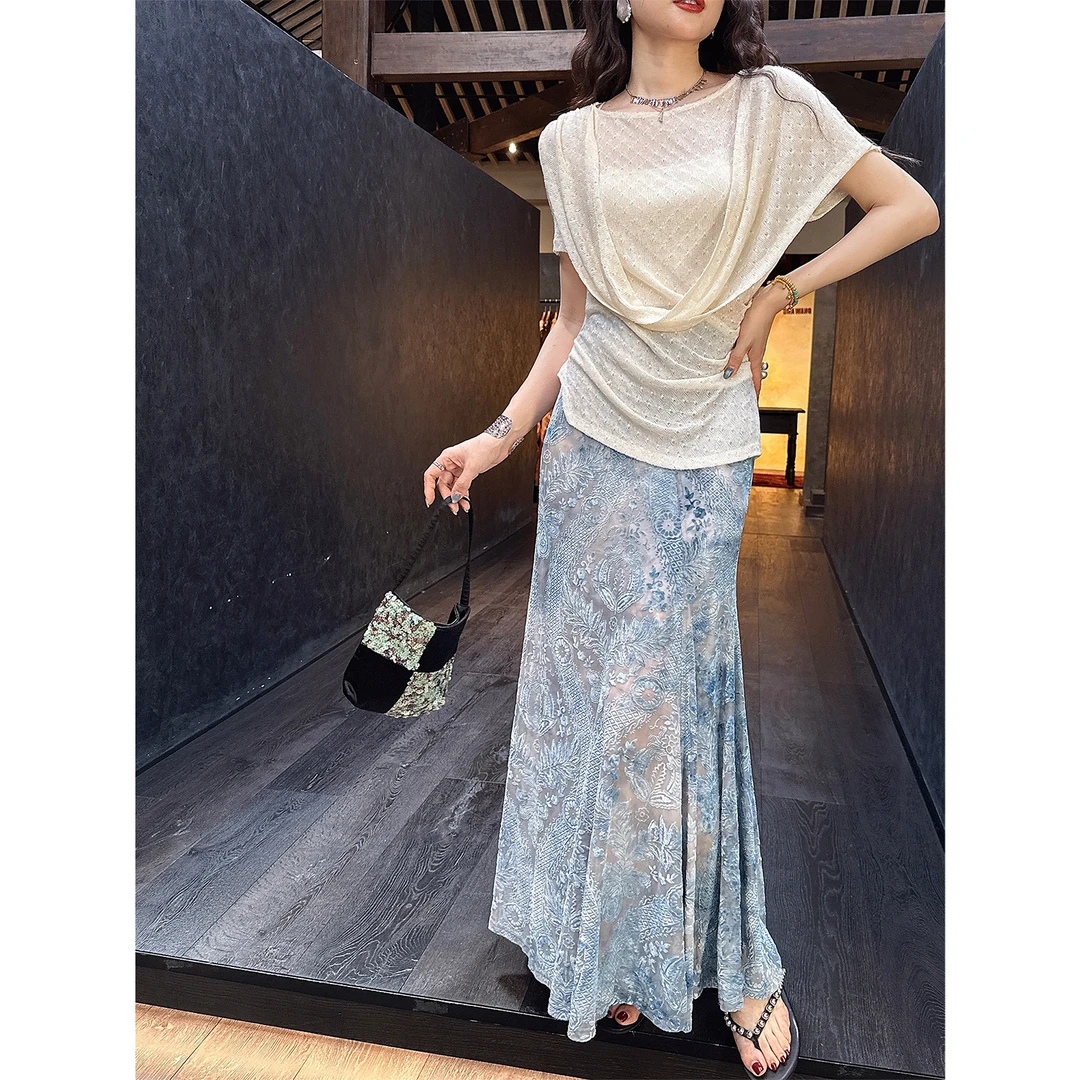 三吉黑花【晚酌】新中式国风半身裙女2025新款植绒烧花A字长裙潮