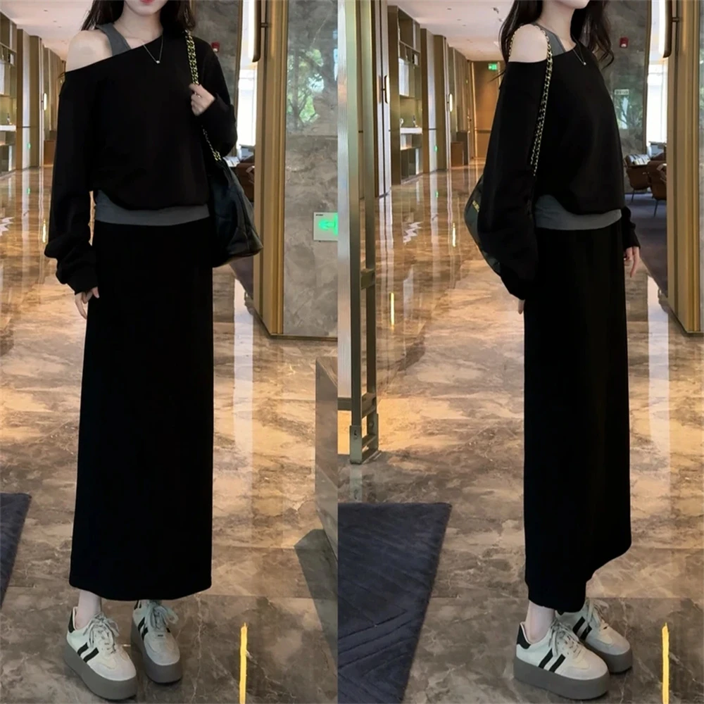 2025年秋季新款假两件漏肩斜肩卫衣+高腰显瘦半身裙两件套套装