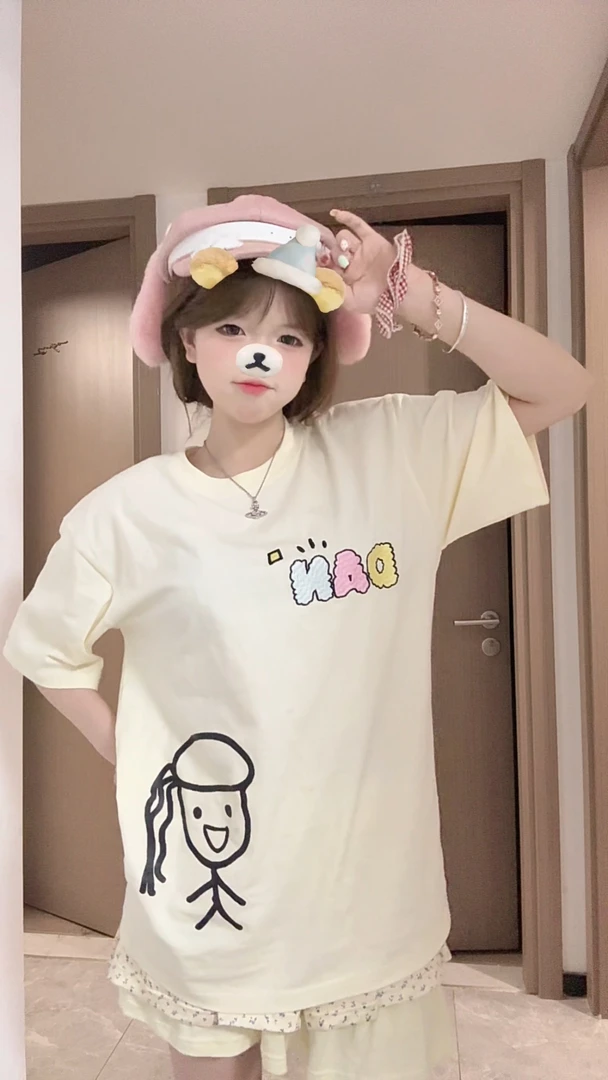 【Dandan-刺绣-04款】25s显瘦潮流纯棉短袖t恤女宽松圆领上衣百搭