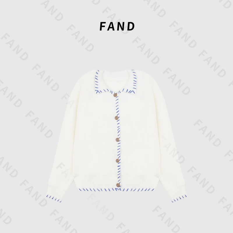 FAND品牌【小香香】秋冬时尚拼色口袋圆领开衫外套毛衣