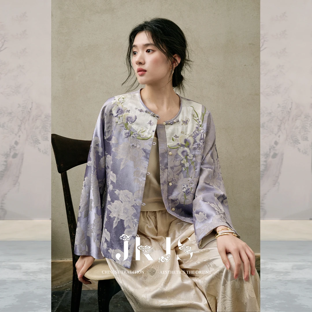 JKJS【江离黛】人丝肌理提花外套精致刺绣新中式国风设计感上衣女