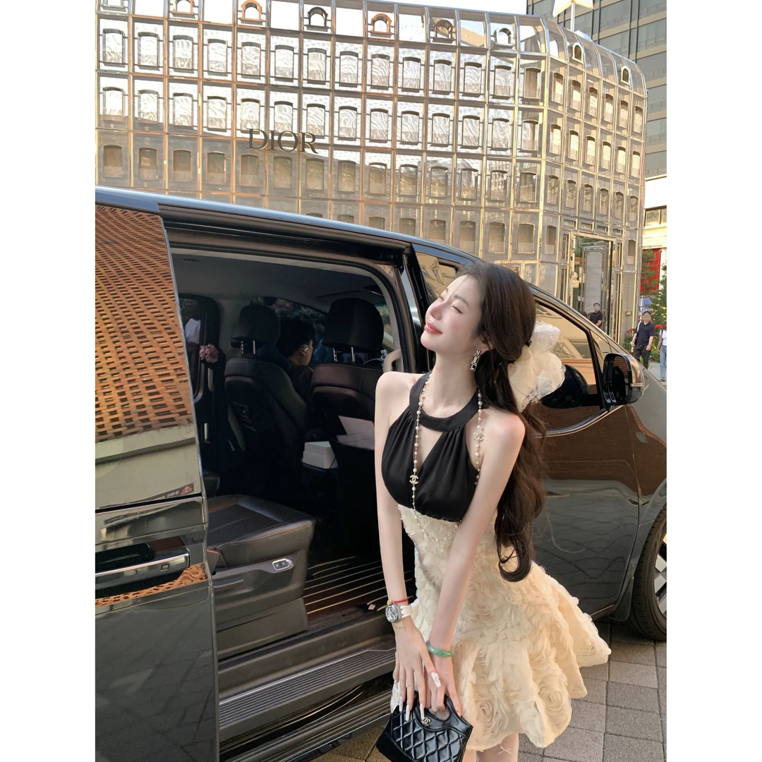 【雅乔定制】浪漫复兴 黑白撞色立体花朵挂脖连衣裙DYYK-25052402