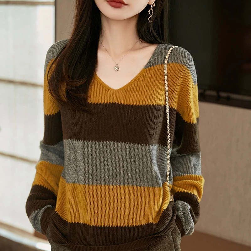 哥弟阿玛施正品25年女秋条纹高级拼色针织衫 显瘦宽松V领羊毛毛衣