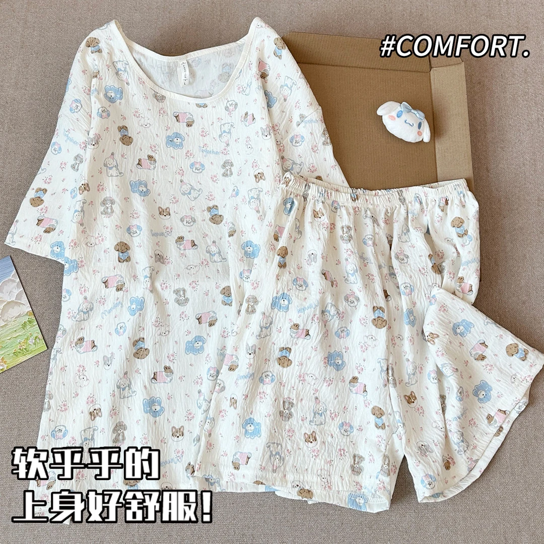 2025新款睡衣女夏季天短袖云朵棉薄款满印卡通休闲学生家居服套装
