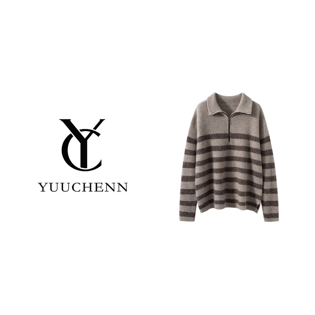 YUUCHENN羊绒花纱元宝针条纹半拉链5084