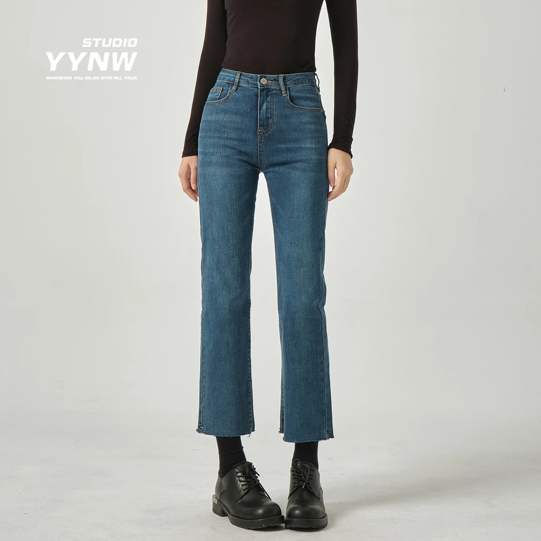 加绒加厚毛边高腰直筒牛仔裤女弹力显瘦小个子九分烟管裤法棍裤子