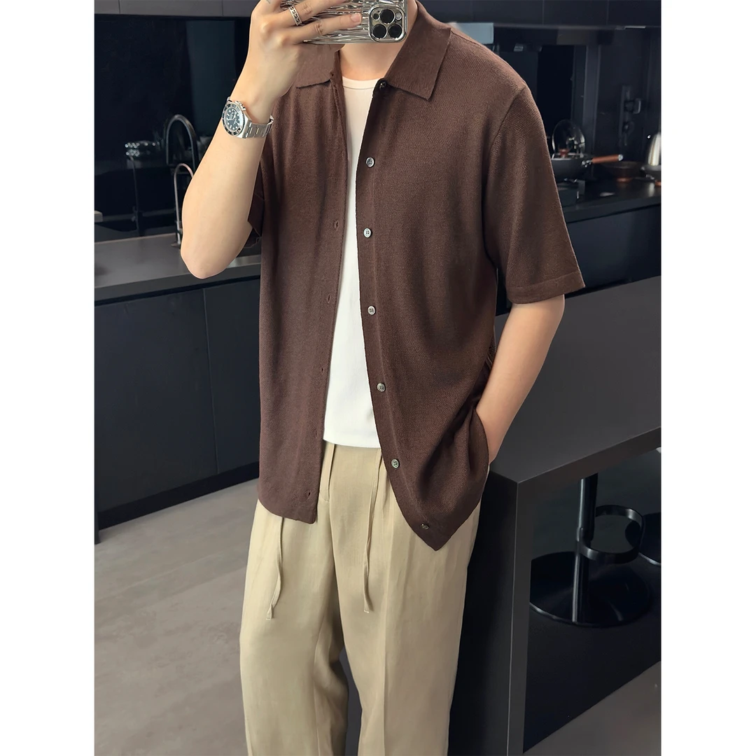 里奈男装夏季「意式桑蚕丝羊毛」短袖针织开衫男士修身百搭POLO衫