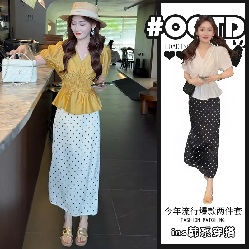 盐系轻熟两件套装女夏季港味别致v领收腰显瘦上衣搭配波点半身裙