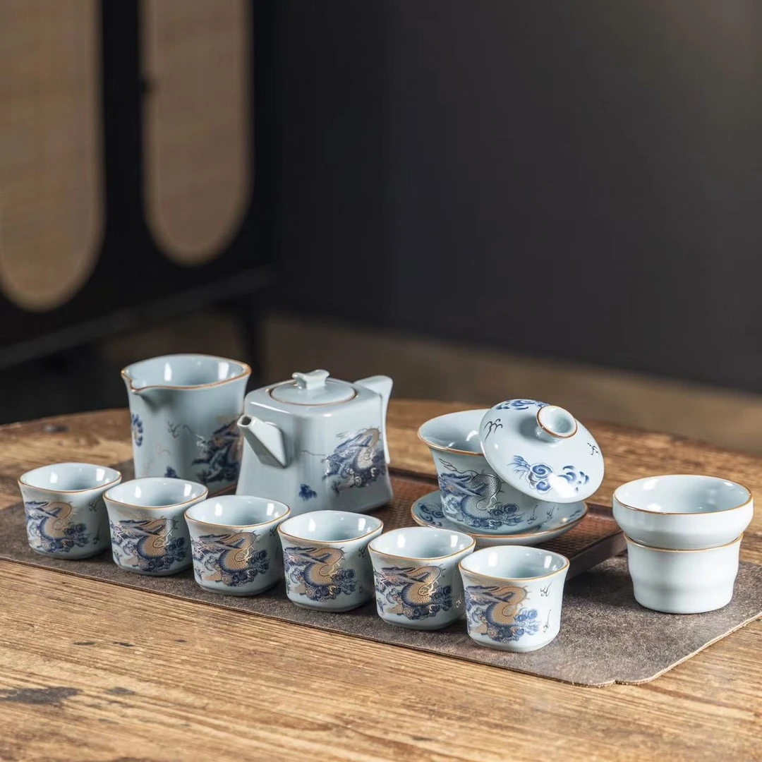 A 158天蓝汝窑掐丝银龙龙年纪念款家用高档泡茶喝茶