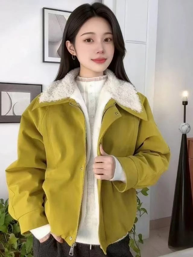 高端欧货2025年冬装新款翻领羊羔毛棉服棉衣女短外套加绒加厚上衣