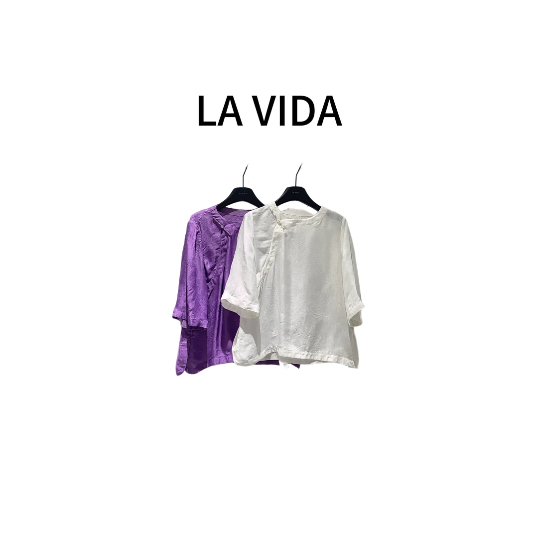 LA VIDA-新中式真丝圆领盘扣花萝上衣