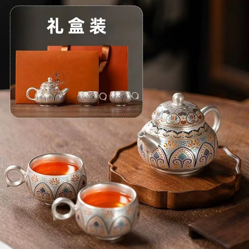 银山社珐琅宝相银壶两杯加敦煌茶盘-ZHZ294